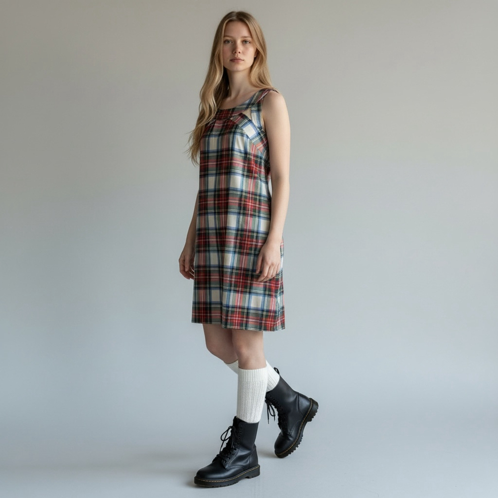 Size L Gretchen Scott Plaid Sleeveless Red Blue White Preppy Dress w/ cut outs